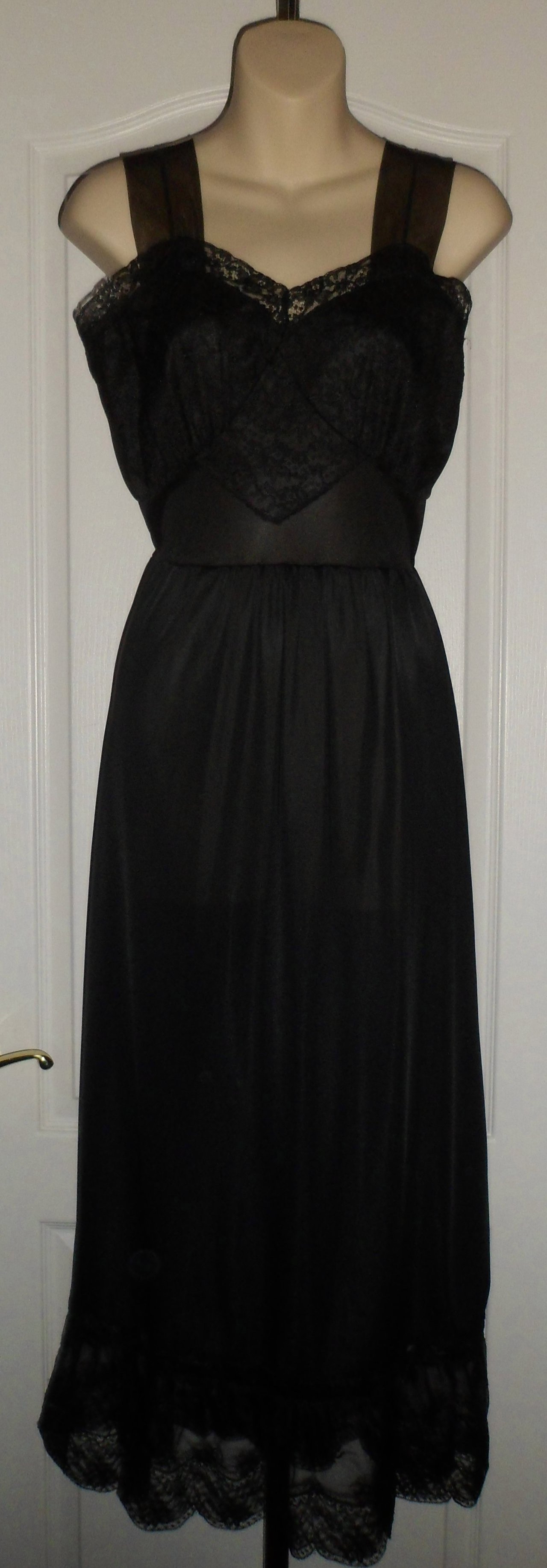 Vintage Jet Black Luxurious Nylon Nightgown with Chiffon Straps, Lace ...